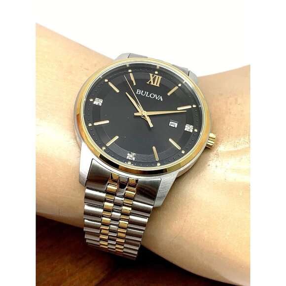 Bulova Men's Watch 98D163 Black Dial Diamond Accent Quartz Two Tone Steel - Picture 5 of 13
